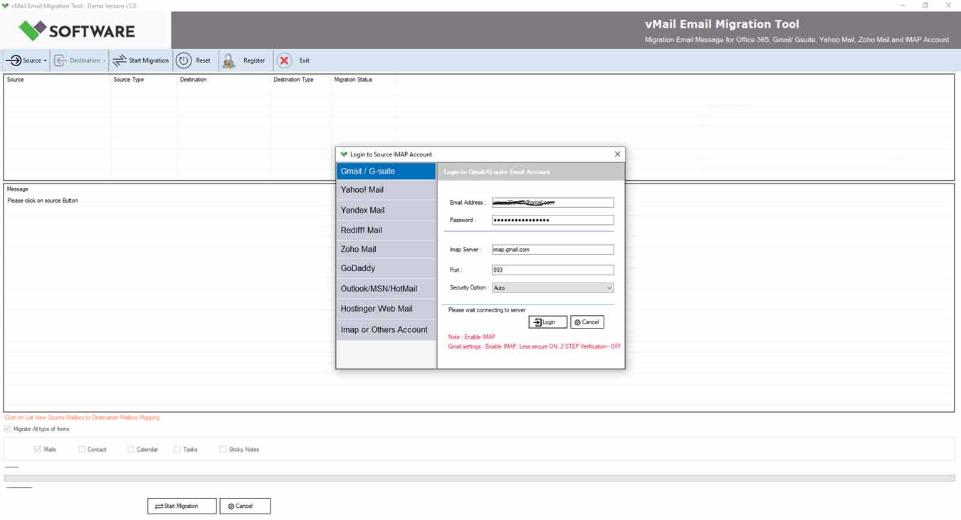 Select Source Mailbox as Office 365 or IMAP Account(Gmail, Yahoo, Zoho) or Others