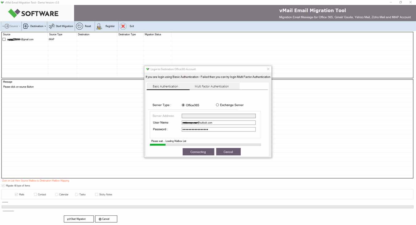 Select destination Account using Office 365, IMAP(Gmail, Yahoo, Zoho) Account