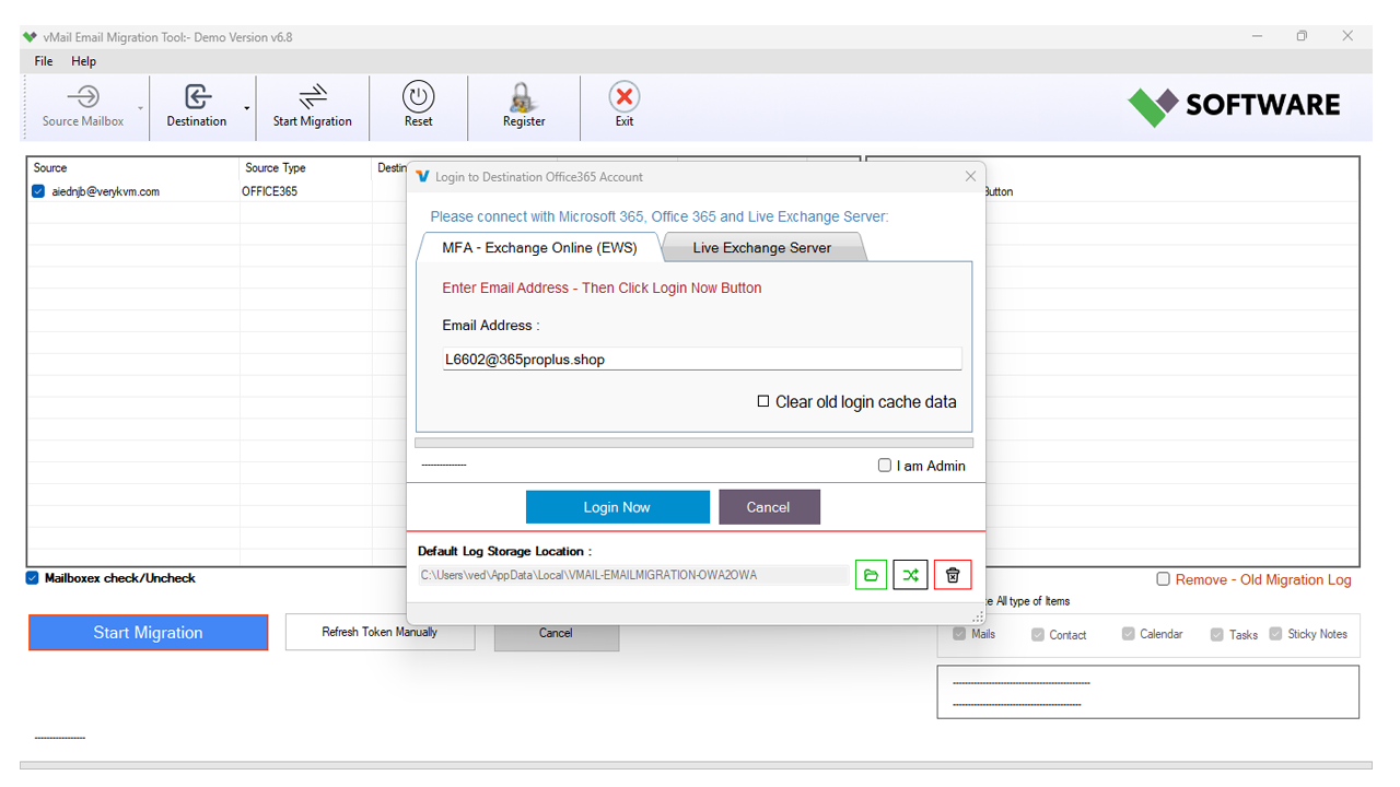 Select destination Account using Office 365, IMAP(Gmail, Yahoo, Zoho) Account