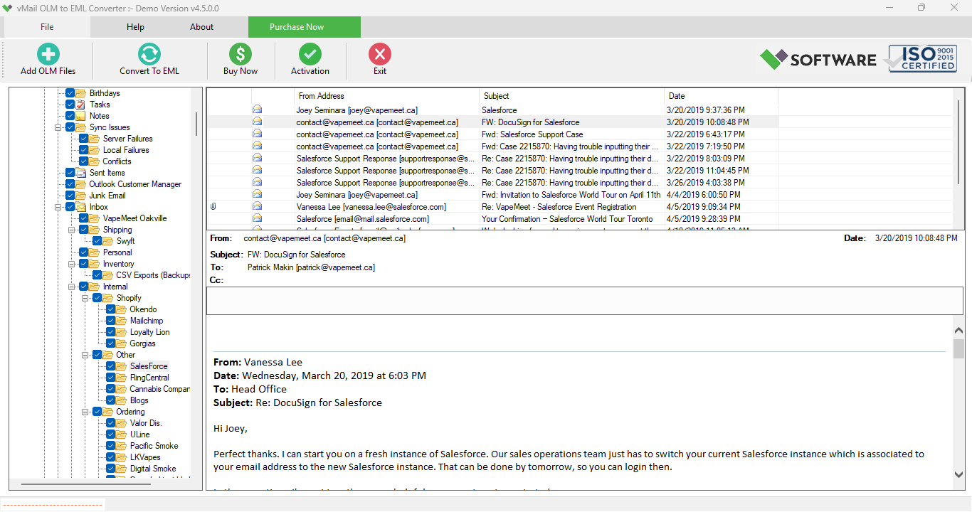 Preview of Mac Outlook OLM Files