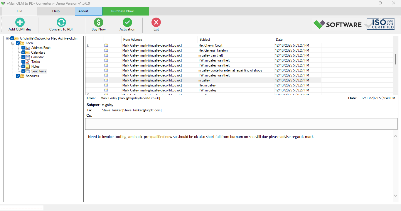 Preview of Mac Outlook OLM Files