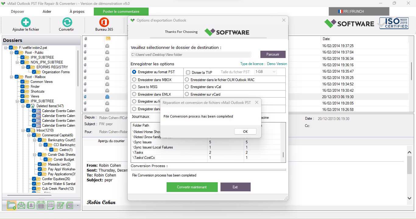 Processus d'enregistrement du logiciel terminé