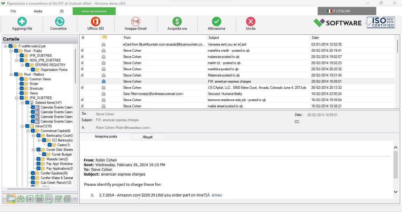 Anteprima del messaggio di scansione del file PST dal software di riparazione PST di vMail